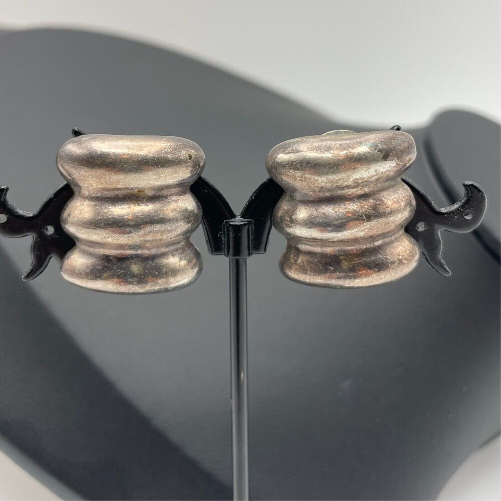 Chunky Sterling Silver Ribbed Earrings Pierced Ears Unpolished Vintage 925